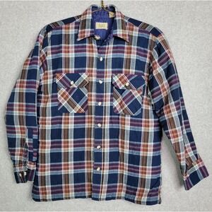 Vintage Sears Mens Plaid Flannel Shirt Jacket Quilted Lined Blue Burgundy M